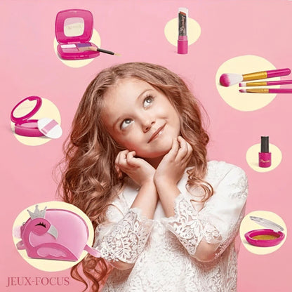 une fillette rêvasse avec son ensemble complet de maquillage enfant de princesse