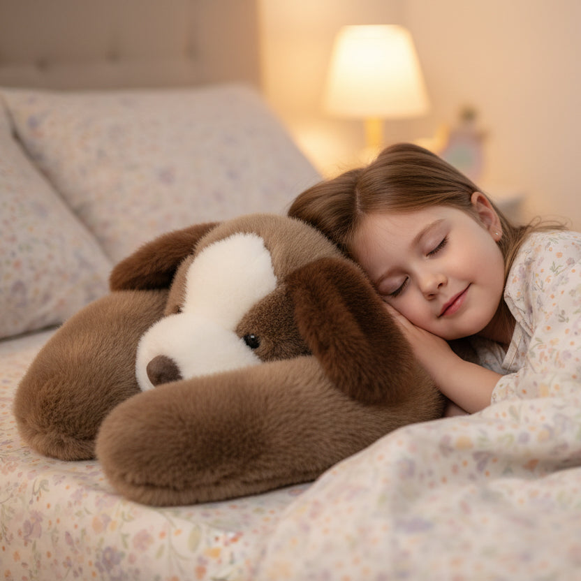 une fillette dort la tête contre sa peluche anti stress lestée chiot Poppydoux™ de jeux-focus