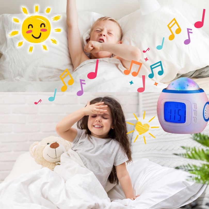 donner le contrôle du lever aux enfants pour développer leur autonomie grâce au réveil numérique avec veilleuse enfant et projecteur galaxie intégrés.