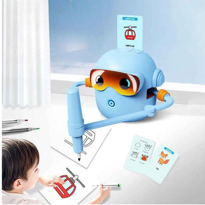 enfant  devant un robot dessin géant issu de son imagination