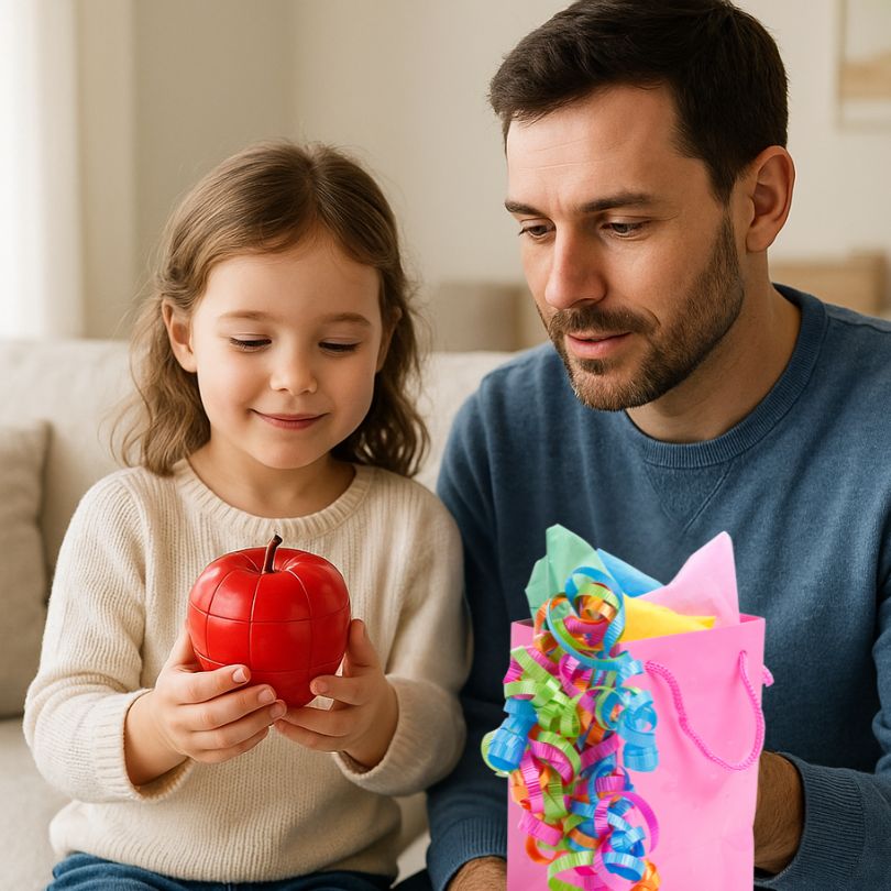 un père offre un cadeau à sa fille:Un  rubiks Cubes en forme de pomme