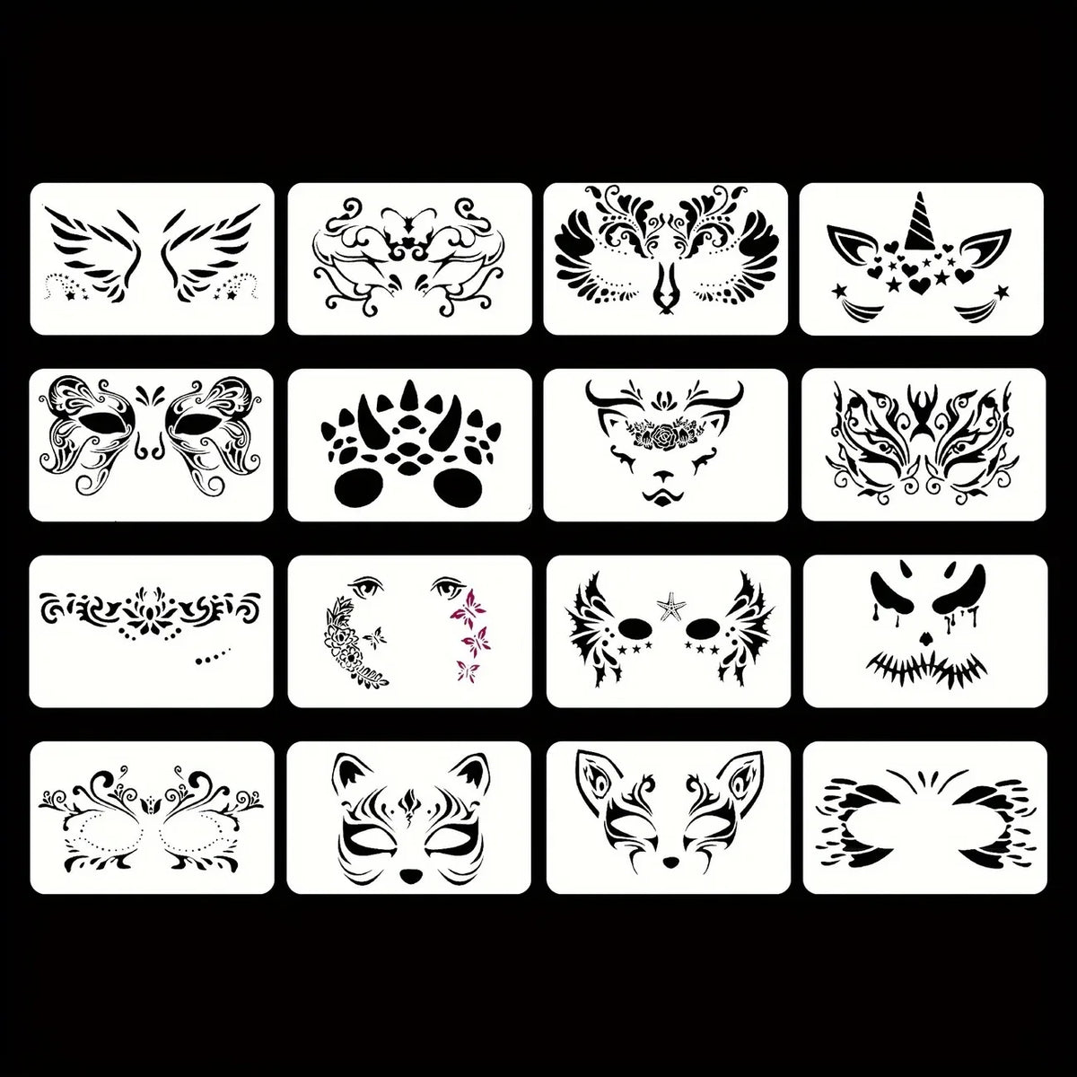16pcs Reusable PET Face Painting Stencils, Assorted Designs for DIY Makeup,Costume Parties, Washable Stencils for Painting