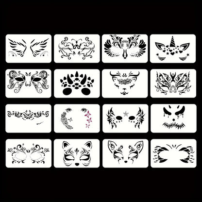 16pcs Reusable PET Face Painting Stencils, Assorted Designs for DIY Makeup,Costume Parties, Washable Stencils for Painting