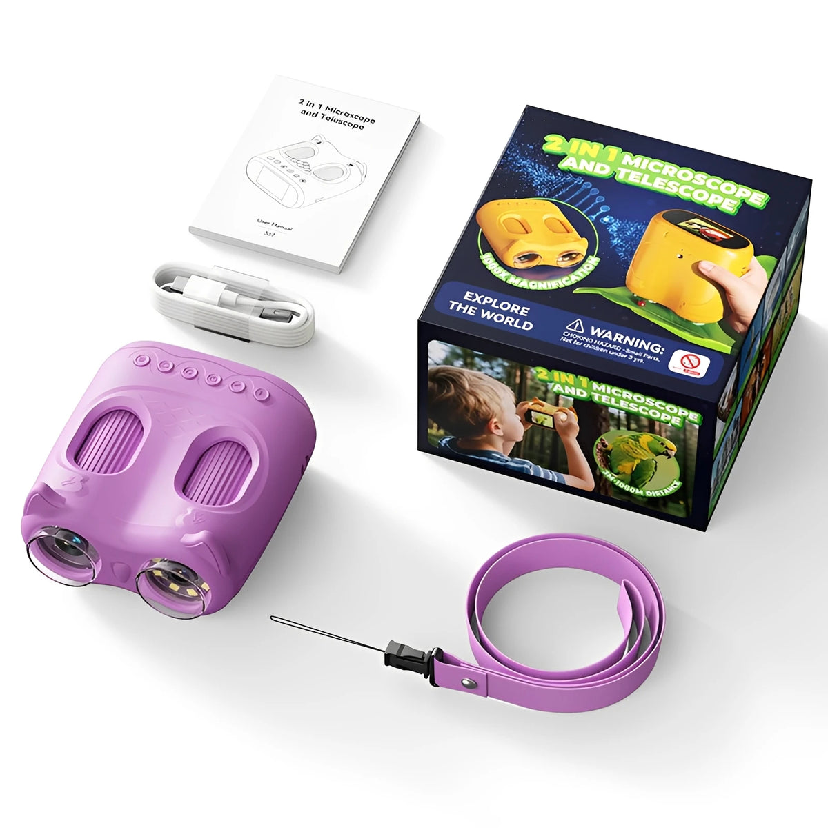 Microscope and Telescope 2 in 1 Children's Optical Educational Toys 2MP HD Camera Microscope 1000x Magnification Birthday Gifts
