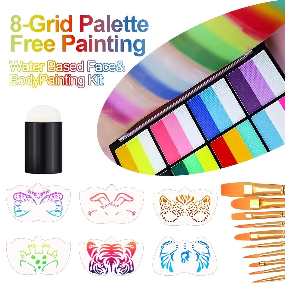 8 Color Rainbow Face Body Paint Palette Water Activated Makeup Kit With Brush Stencils Sponge Set For Halloween Cosplay Festival