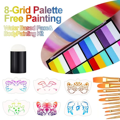 8 Color Rainbow Face Body Paint Palette Water Activated Makeup Kit With Brush Stencils Sponge Set For Halloween Cosplay Festival