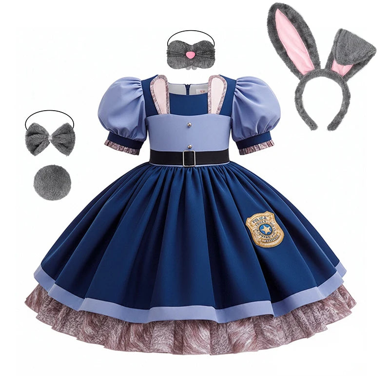 Kids Buuny Officer Fancy Dress Puff Sleeve Blue Tutu Gown Complete Accessories Girls Rabbit Halloween Role Play Costume