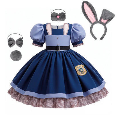 Kids Buuny Officer Fancy Dress Puff Sleeve Blue Tutu Gown Complete Accessories Girls Rabbit Halloween Role Play Costume
