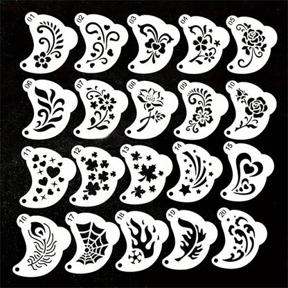 20Pcs Reusable Face Painting Stencils - Durable Pet Plastic, Washable & Reusable with Assorted Floral, Spiderweb, Heart Designs