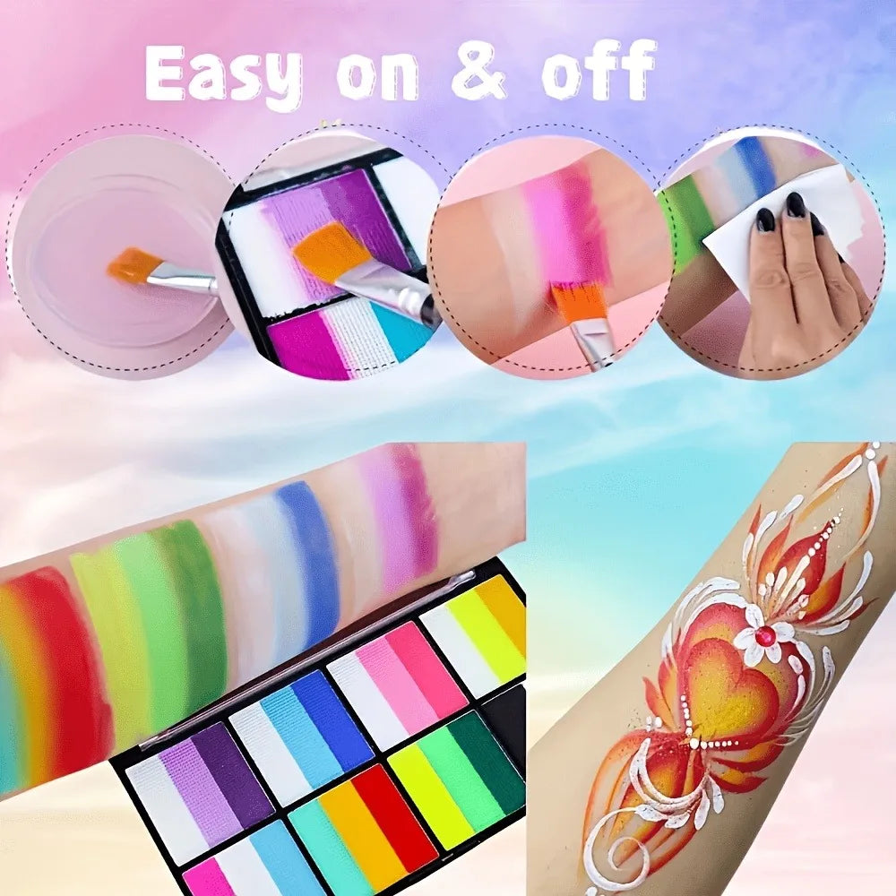 8 Color Rainbow Face Body Paint Palette Water Activated Makeup Kit With Brush Stencils Sponge Set For Halloween Cosplay Festival