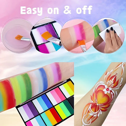 8 Color Rainbow Face Body Paint Palette Water Activated Makeup Kit With Brush Stencils Sponge Set For Halloween Cosplay Festival