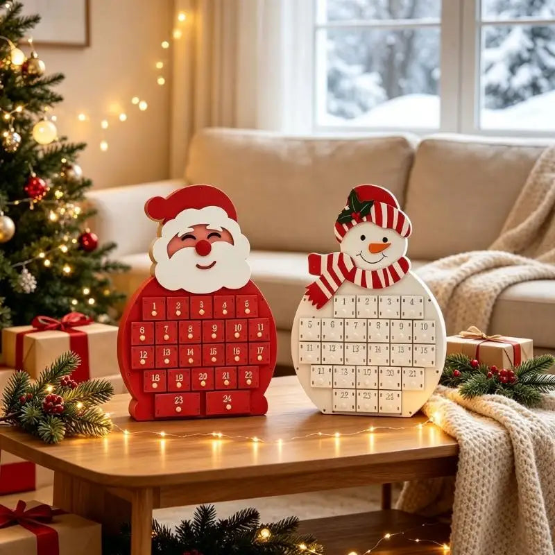 CALENDRIER DE L'AVENT EN BOIS|Réutilisable- Père Noël & Bonhomme de Neige 2026