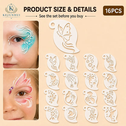 16Pcs 2.5x3.9in Face Painting Stencils Reusable PET Templates for Kids Butterfly Unicorn Mermaid Party Body Art
