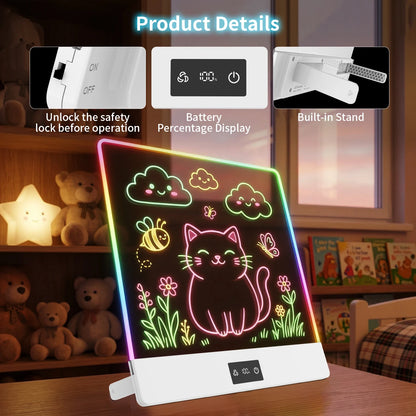 11-Color Rechargeable LED Doodle Glow Board,6 Brightness Levels,Dry-Erase Drawing Pad Gift with Built-in Stand for Kids-7Markers
