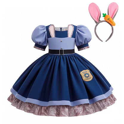 Kids Buuny Officer Fancy Dress Puff Sleeve Blue Tutu Gown Complete Accessories Girls Rabbit Halloween Role Play Costume