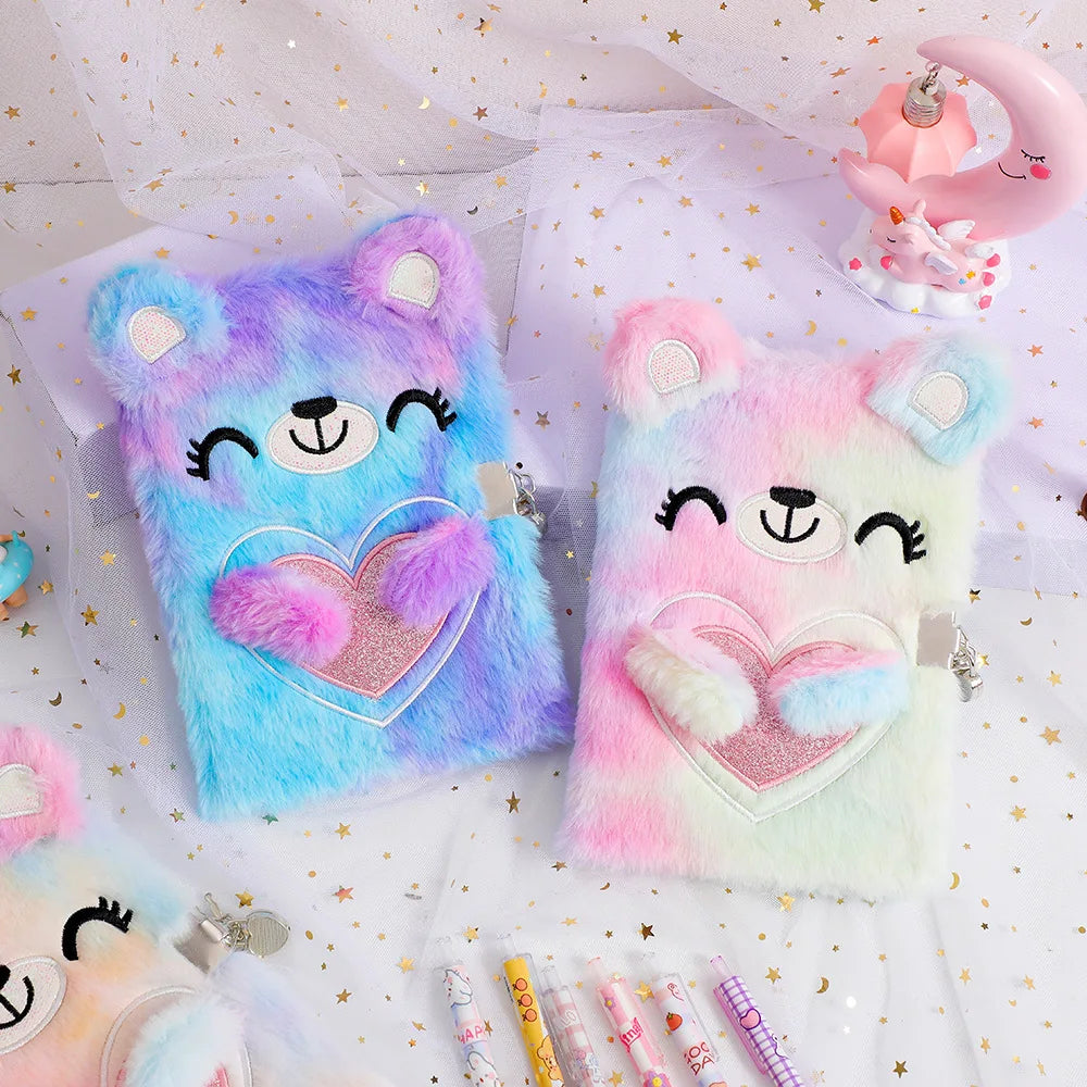 Cute Cartoon Plush Love Bear Lockable Notebook Ballpoint Pen Stationery Set, Student School Learning Supplies Kids Reward Gifts
