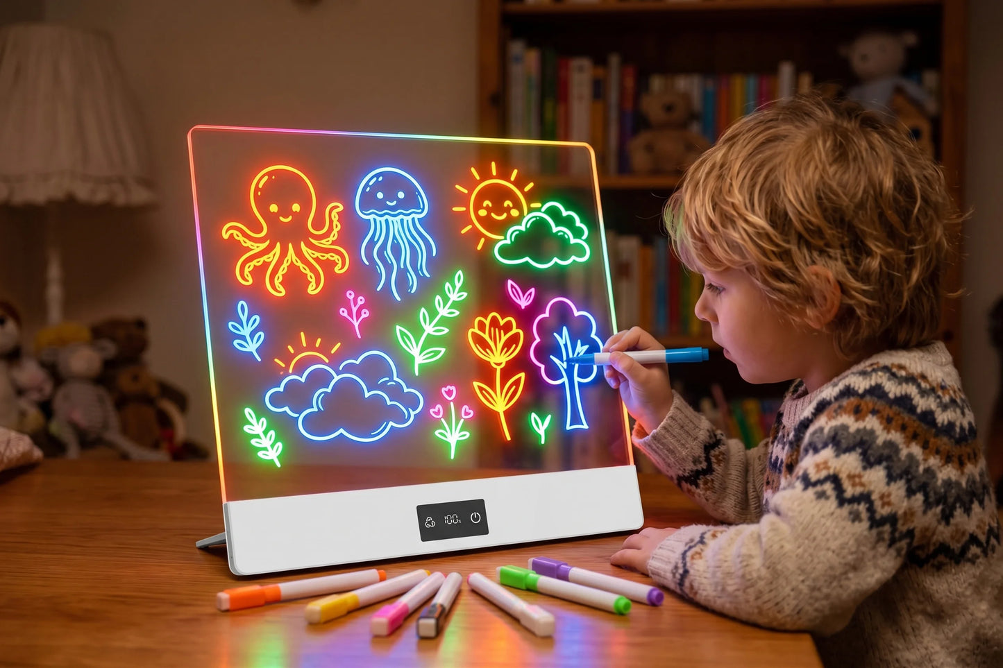 11-Color Rechargeable LED Doodle Glow Board,6 Brightness Levels,Dry-Erase Drawing Pad Gift with Built-in Stand for Kids-7Markers