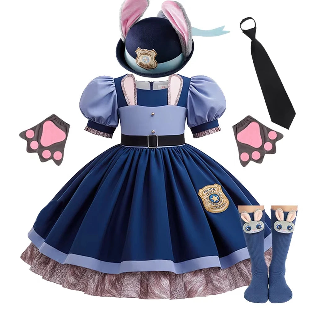 Kids Buuny Officer Fancy Dress Puff Sleeve Blue Tutu Gown Complete Accessories Girls Rabbit Halloween Role Play Costume