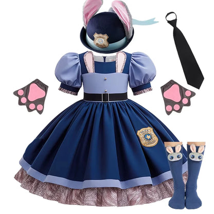 Kids Buuny Officer Fancy Dress Puff Sleeve Blue Tutu Gown Complete Accessories Girls Rabbit Halloween Role Play Costume