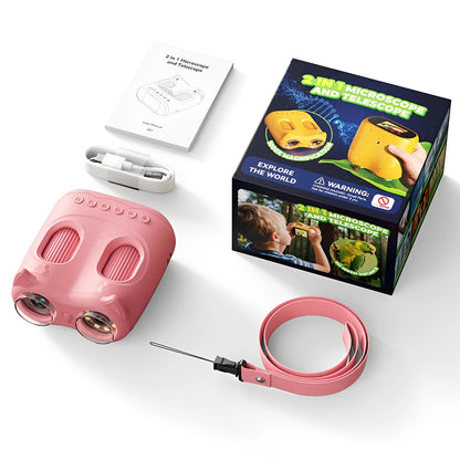Microscope and Telescope 2 in 1 Children's Optical Educational Toys 2MP HD Camera Microscope 1000x Magnification Birthday Gifts