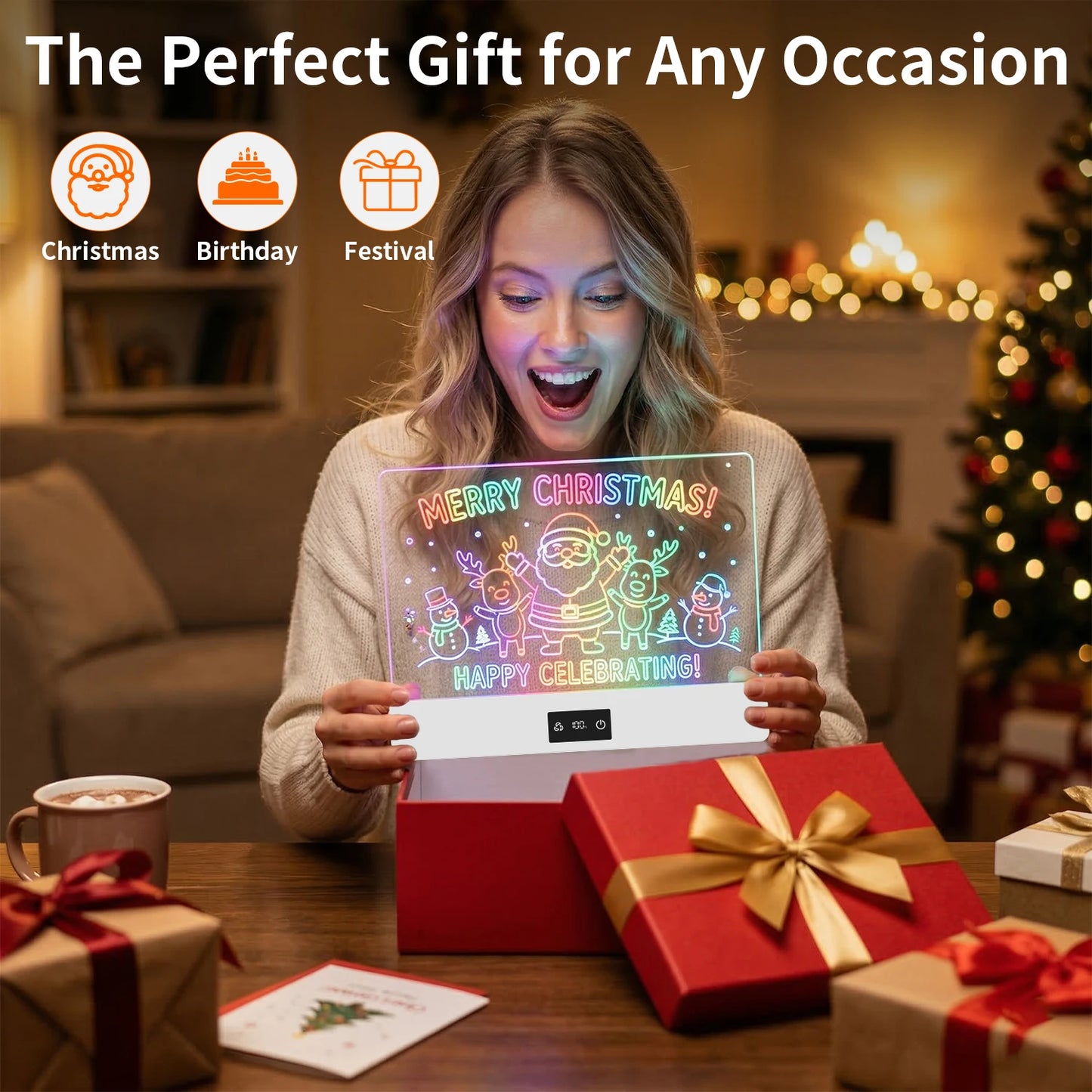 11-Color Rechargeable LED Doodle Glow Board,6 Brightness Levels,Dry-Erase Drawing Pad Gift with Built-in Stand for Kids-7Markers