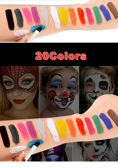 20 Colors Face Body Oil Painting Paint Pigment Non Toxic Safe Kids Flash Tattoo Painting with Brush Art Halloween Cosplay Party