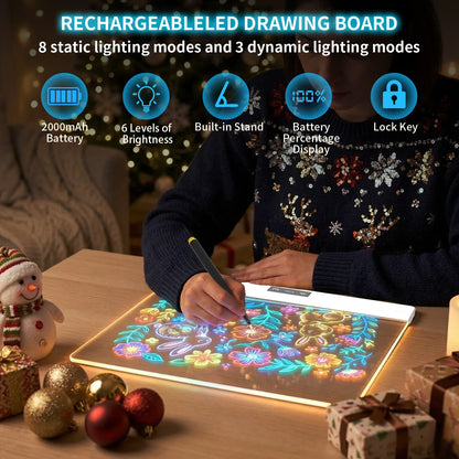 11-Color Rechargeable LED Doodle Glow Board,6 Brightness Levels,Dry-Erase Drawing Pad Gift with Built-in Stand for Kids-7Markers