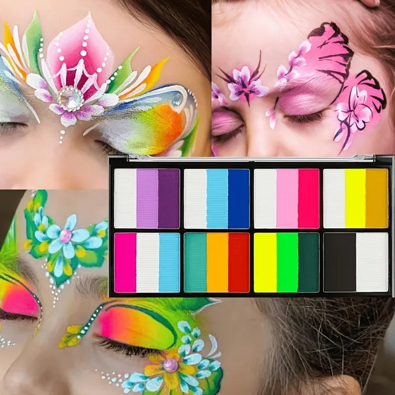 8 Color Rainbow Face Body Paint Palette Water Activated Makeup Kit With Brush Stencils Sponge Set For Halloween Cosplay Festival