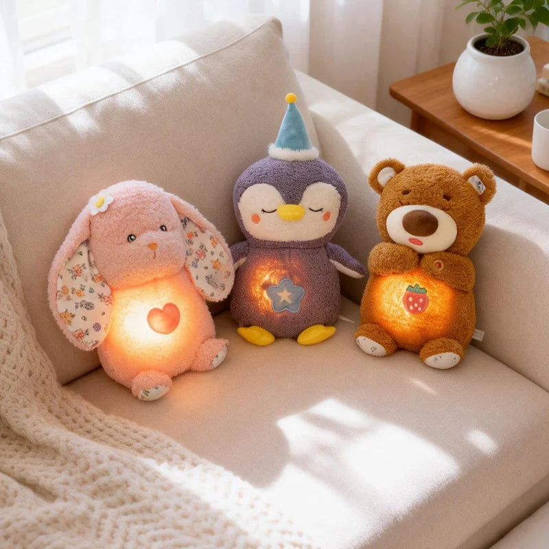 Anime LED Light Penguin Bear Rabbit Plush Toy with Soft Glow Night Light Soothing Music Simulated Breathing Bedtime Relaxation