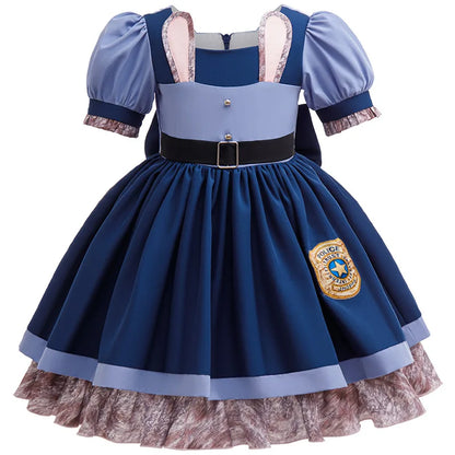 Kids Buuny Officer Fancy Dress Puff Sleeve Blue Tutu Gown Complete Accessories Girls Rabbit Halloween Role Play Costume