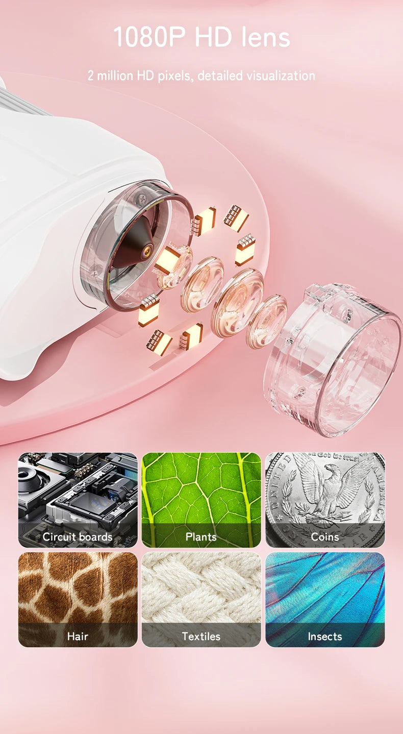 Handheld Kids Microscope Science Education Toy  2.4-Inch Screen 1000x Pocket Microscope Christmas Birthday Gift for Boys & Girls