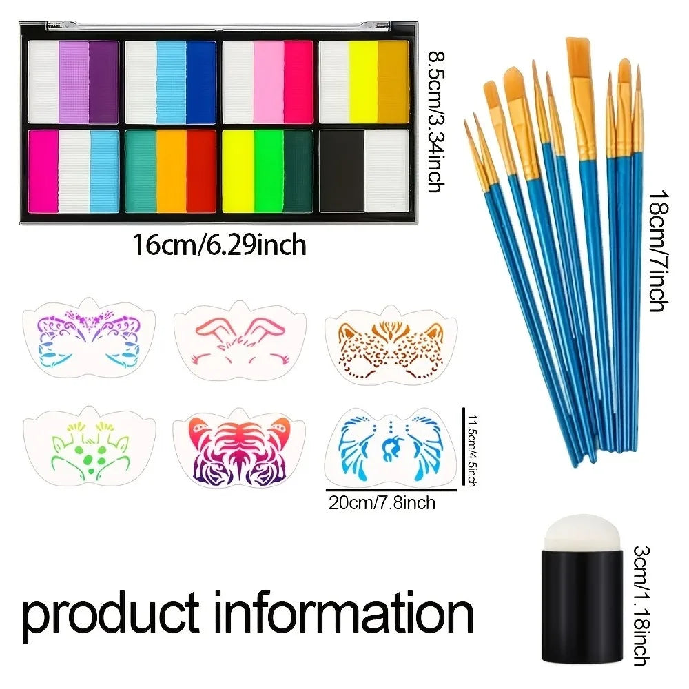 8 Color Rainbow Face Body Paint Palette Water Activated Makeup Kit With Brush Stencils Sponge Set For Halloween Cosplay Festival