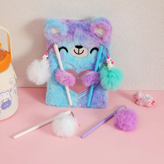 Cute Cartoon Plush Love Bear Lockable Notebook Ballpoint Pen Stationery Set, Student School Learning Supplies Kids Reward Gifts