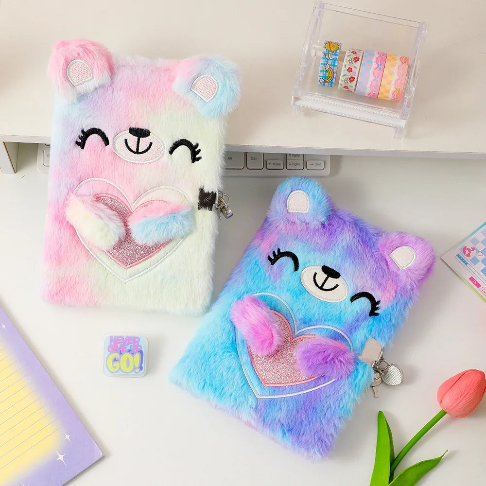 Cute Cartoon Plush Love Bear Lockable Notebook Ballpoint Pen Stationery Set, Student School Learning Supplies Kids Reward Gifts