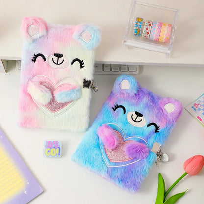 Cute Cartoon Plush Love Bear Lockable Notebook Ballpoint Pen Stationery Set, Student School Learning Supplies Kids Reward Gifts