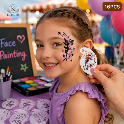 16Pcs 2.5x3.9in Face Painting Stencils Reusable PET Templates for Kids Butterfly Unicorn Mermaid Party Body Art
