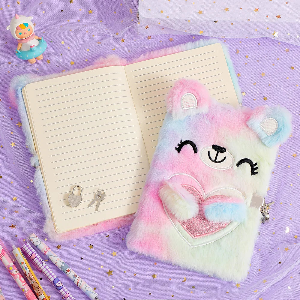 Cute Cartoon Plush Love Bear Lockable Notebook Ballpoint Pen Stationery Set, Student School Learning Supplies Kids Reward Gifts