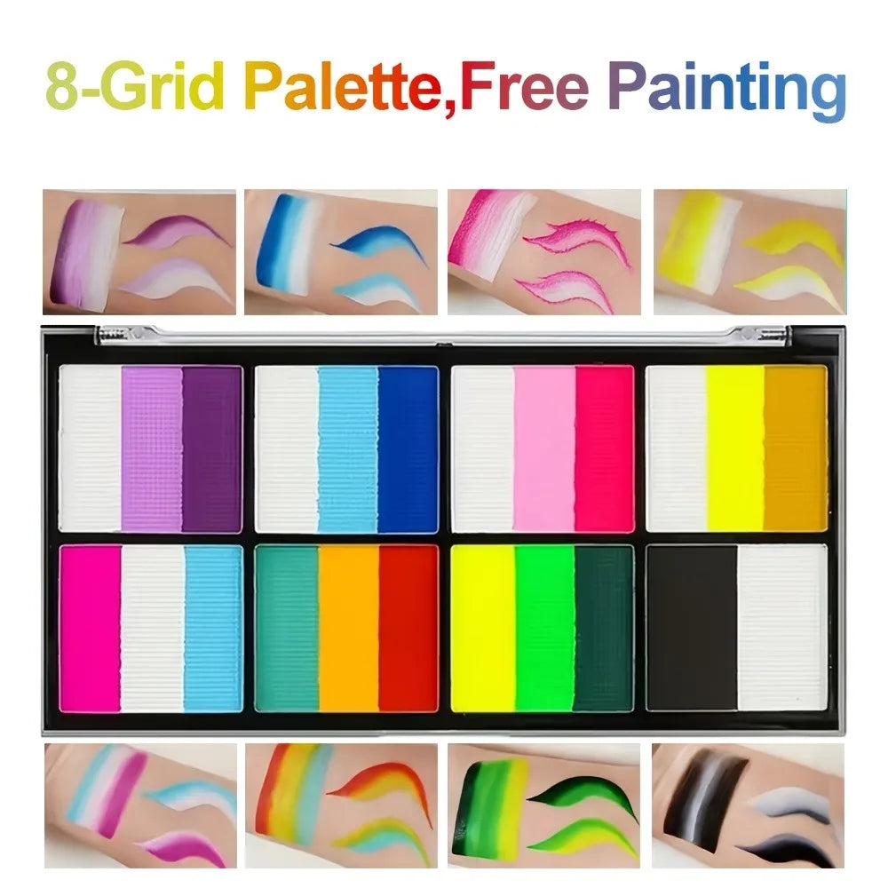 8 Color Rainbow Face Body Paint Palette Water Activated Makeup Kit With Brush Stencils Sponge Set For Halloween Cosplay Festival