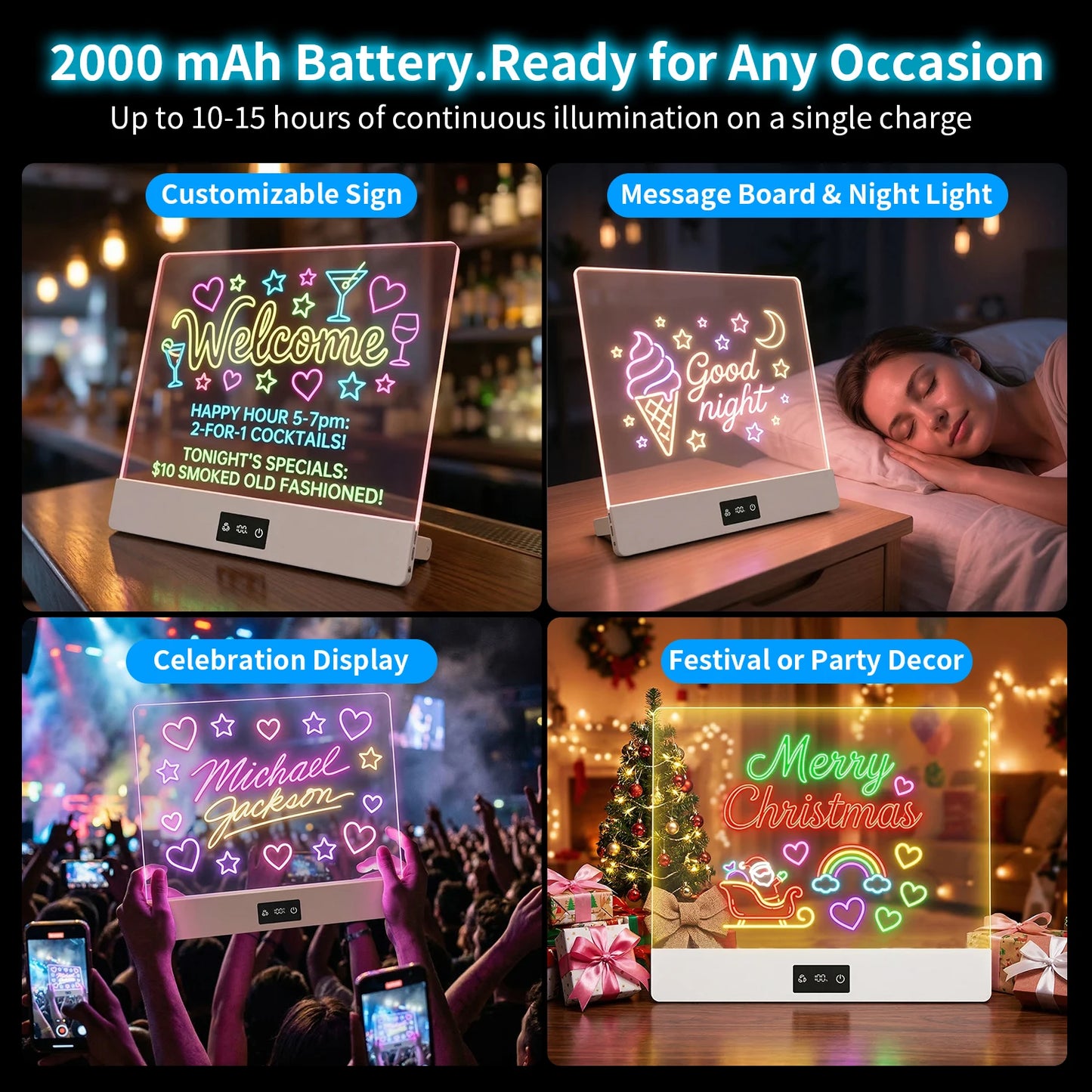 11-Color Rechargeable LED Doodle Glow Board,6 Brightness Levels,Dry-Erase Drawing Pad Gift with Built-in Stand for Kids-7Markers