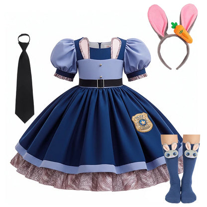 Kids Buuny Officer Fancy Dress Puff Sleeve Blue Tutu Gown Complete Accessories Girls Rabbit Halloween Role Play Costume