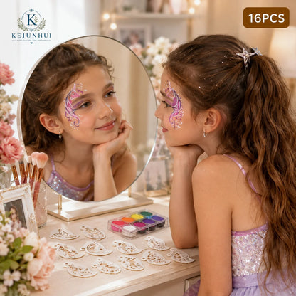 16Pcs 2.5x3.9in Face Painting Stencils Reusable PET Templates for Kids Butterfly Unicorn Mermaid Party Body Art