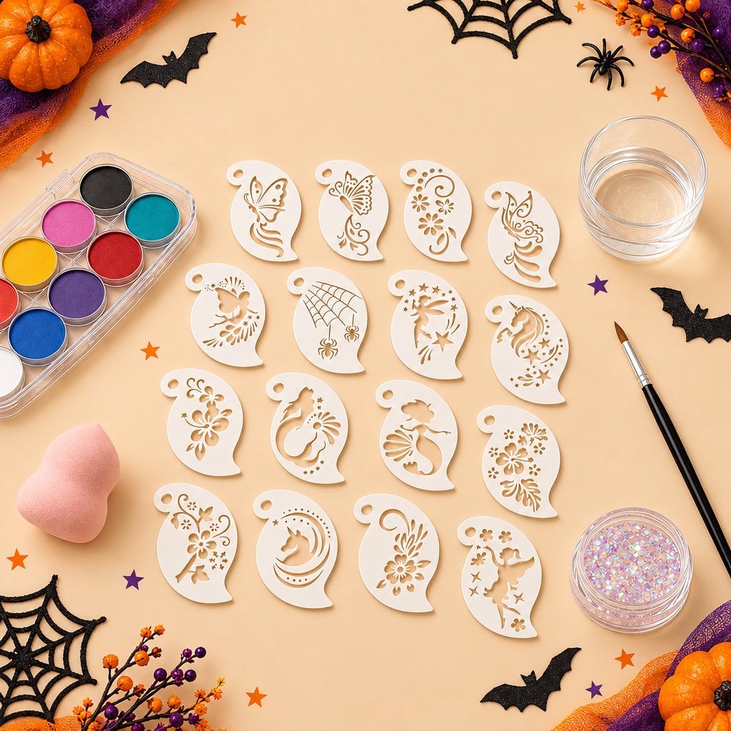 16Pcs 2.5x3.9in Face Painting Stencils Reusable PET Templates for Kids Butterfly Unicorn Mermaid Party Body Art