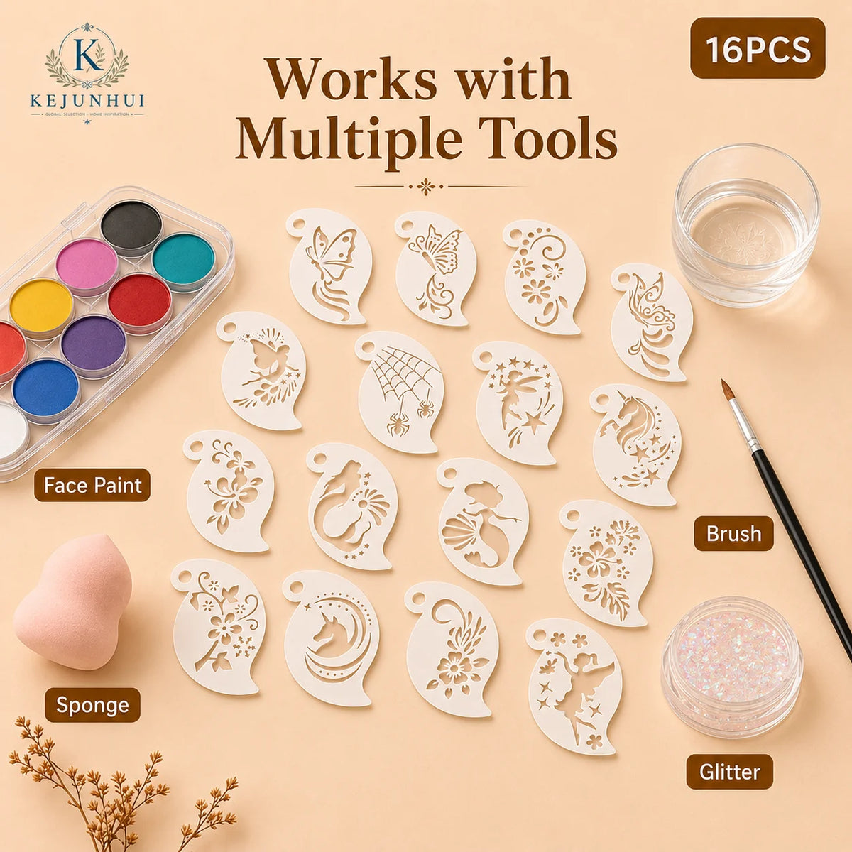 16Pcs 2.5x3.9in Face Painting Stencils Reusable PET Templates for Kids Butterfly Unicorn Mermaid Party Body Art