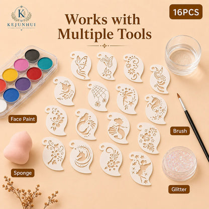 16Pcs 2.5x3.9in Face Painting Stencils Reusable PET Templates for Kids Butterfly Unicorn Mermaid Party Body Art