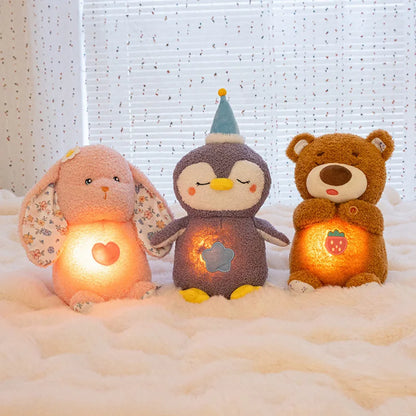 Anime LED Light Penguin Bear Rabbit Plush Toy with Soft Glow Night Light Soothing Music Simulated Breathing Bedtime Relaxation