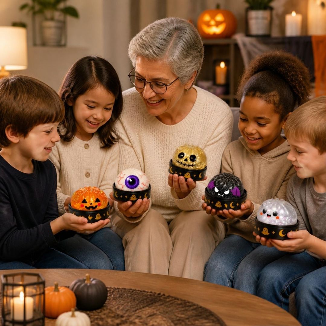 grand-mère qui offre un squishy mystère à ses 5 petits enfants pour Halloween