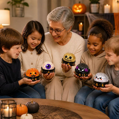 grand-mère qui offre un squishy mystère à ses 5 petits enfants pour Halloween