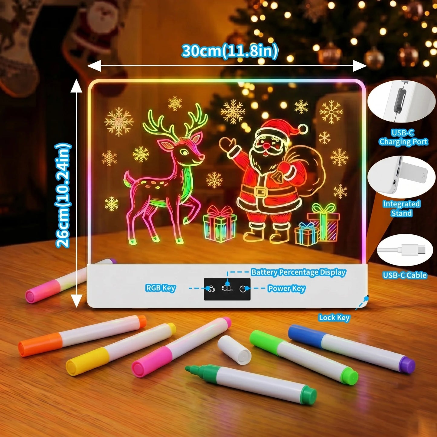 11-Color Rechargeable LED Doodle Glow Board,6 Brightness Levels,Dry-Erase Drawing Pad Gift with Built-in Stand for Kids-7Markers