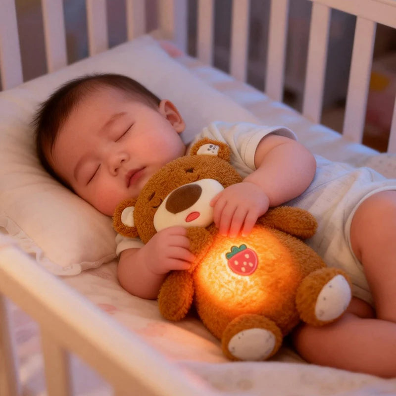 Anime LED Light Penguin Bear Rabbit Plush Toy with Soft Glow Night Light Soothing Music Simulated Breathing Bedtime Relaxation