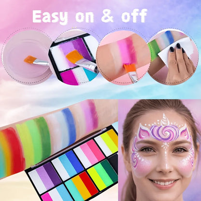8 Color Rainbow Face Body Paint Palette Water Activated Makeup Kit With Brush Stencils Sponge Set For Halloween Cosplay Festival